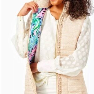 Lilly Pulitzer Noella Vest in Latte, Pearl Accents, Gold Metallic thread